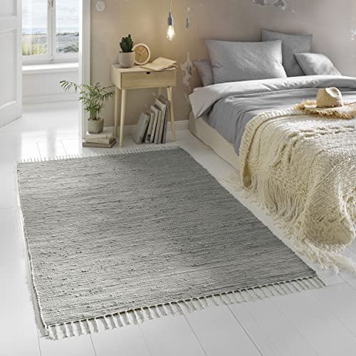 TacaHome Flicken-Teppich 100% Baumwolle I Waschbarer Fleckerl mit Fransen I Esszimmer Küche Badezimmer Wohnzimmer Kinderzimmer | 200 x 300 cm Grau