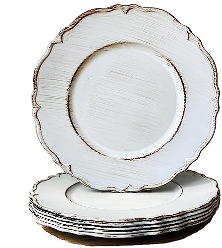 UOEKCS Antique White Charger Plates, 13 Elegant Chargers, Plastic Plate Charger for Dinner Plates, Wedding, Table Setting (Set of 6)