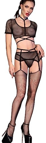 .Chilirose Damen Dessous Netz Straps Set in schwarz mit Top, Strümpfen, String und Strapsgürtel transparent elastisch Größe: L