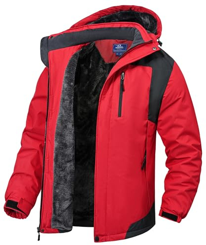 Herren Skijacke 3 in 5, Winterjacke Wasserdicht Softshelljacke Funktionsjacke Warm Jacke Fleecejacke Atmungsaktiv Winddichte Wanderjacke Regenjacke Freizeitjacke mit Abnehmbarer Kapuze-Red-2XL