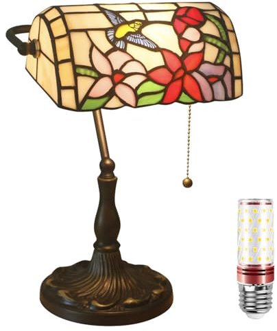 Uziqueif Nachttischlampe, Schreibtischlampe, Desk Lamp mit Farbiger Glaslampenschirm, Tischleuchte, Leselampe, Tischlampe mit Kabelschalter für Schlafzimmer Wohnzimmer Büros, Hummingbird
