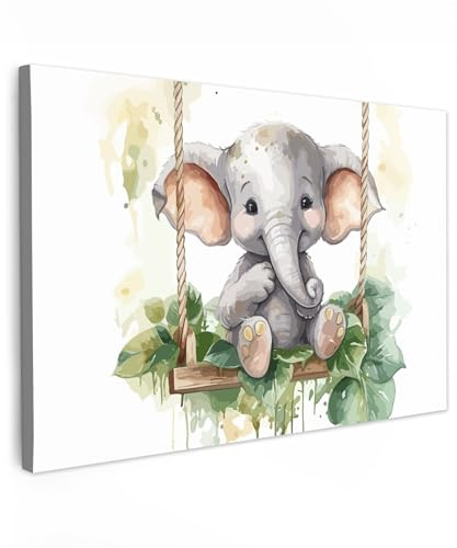 MuchoWow© Leinwand Groß XXL Deko Schlafzimmer Aesthetic Leinwandbilder | 120x80 cm - Wohnzimmer Gemälde Foto Geschenk Living Room Decoration Elefant - Tier - Kinder - Dschungel - Kinderzimmer
