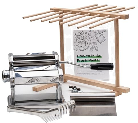 Cotswold Homeware Stainless Steel Pasta Making Machine with Adjustable Thickness Settings | Wooden Pasta Drying Rack | Pasta Cutter Scraper and Pasta Serving Tongs