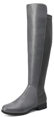 DREAM PAIRS Women's Knee-High Boots, Comfortable Chunky Block Heel Pointed Toe Pull On Side Zipper Suede Slouch Riding Boots SDKB2404W,Size 9,Grey-Pu,SDKB2404W