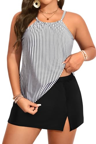 Yonique Women Two Piece Plus Size Tankini with Skirt Tummy Control Bathing Suits High Neck Swimsuits Stripe and Black 16plus