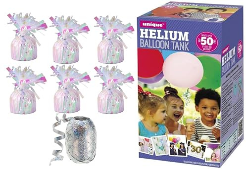Large helium balloon canister with 6 Iredescent balloon weights and 10m Ribbon - Canister fills upto 50 9 inch latex balloons