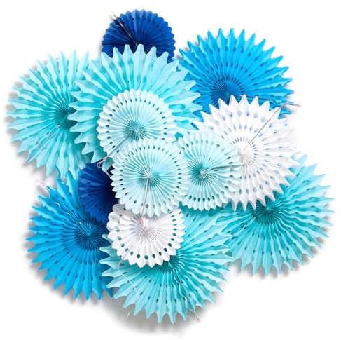 13 Pcs Hanging Honeycomb Round Paper Fans Set, White & Blue, Ceiling Wall Party Decorations for Birthday, Wedding, Graduation Events