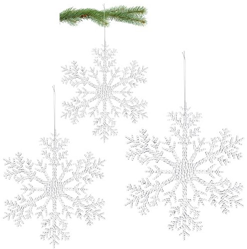 COM-FOUR® 3x Grandi pendenti decorativi fiocchi di neve - Pendenti trasparenti a forma di fiocco di neve da 30 cm, 25,5 cm e 21 cm con cordino - Ganci per albero di Natale e ganci natalizi
