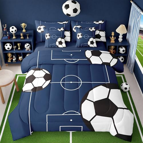 Feelyou Football Bedding Set Queen Size 7 Pieces Kids Soccer Ball Pattern for Boys Girls Teens Sports Theme Football Court Bed in a Bag with Comforter, Sheets, Pillowcases & Cushion Cover