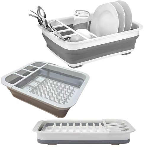 OODARN Collapsible Dish Drying Rack with Drainer Board - Foldable and Portable Dinnerware Organizer with Cutlery Divider - Space-Saving Kitchen Storage Tray for Home, Camping, and Travel (Grey)