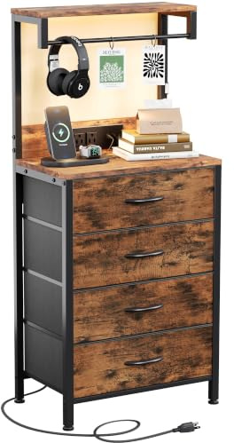 MUTUN Bedside Table with Charging Station, Bedside Cabinet with LED Light, Nightstand with Wood Shelf, 4 Fabric Drawers Side Table for Bedroom, Rustic Brown