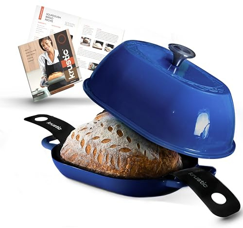 Krustic Horno holandés de hierro fundido esmaltado para hornear pan de masa madre profesional, olla ovalada de 5.5 cuartos de galón con tapa, sartén de revestimiento esmaltado de triple capa con