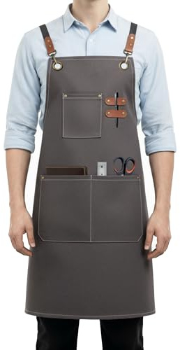 ursapela Canvas Work Apron for Men Women with 3 Pockets Heavy Duty Crossback Kitchen Chef Aprons for Cooking Grilling Barista (Charcoal Grey)