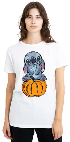 Disney Lilo Stitch Pumpkin Sketch Camiseta de Mujer, Blanco, L