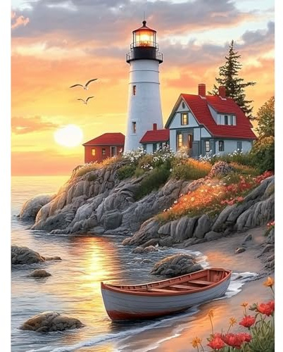 KEYIFA Coucher Soleil Phare Peinture par Numéros pour Adulte, Kits de Peinture au Numéro avec Acrylique, DIY Plage Creatif Toile Paint by Numbers Kits, Décoration de Maison 30x40cm