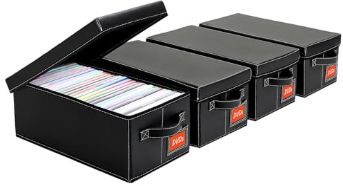 yoyobubu DVD Storage Box – Black Faux Leather DVD Case with Lid – DVD Shelf Organizer for 25 Standard DVD Cases – Foldable & Stackable Media Storage Solution-4Pack