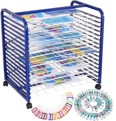 RBFGYIOP Kunst-Trockengestell Mit 16 FäChern, Mobile TrockenstäNder, Solide Metallkonstruktion, Starke Beschichtung, Bilder-Trockengestell Und Bilder-Trockenwagen für Malerei, Zeichnungen Und Mehr