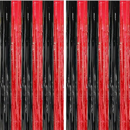 2 Pack Black and Red Party Decorations 3.28 x 6.56 Ft Tinsel Foil Fringe Curtains, Photo Booth Prop Backdrop Streamer,Casino Halloween Xmas Holiday Party Decor