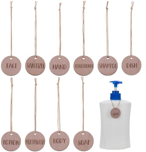 FINGERINSPIRE 10Pcs Étiquettes de Salle de Bain en Bois pour Bouteilles Étiquettes Décoratives Forme Chameau Avec Cordon Polyester Main Savon Lotion Shampooing Conditionneur Corp Visage Eau Dentifrice