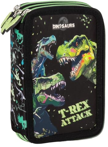 Dino T Rex 3 Fach Federtasche gefüllt Federmäppchen Federmappe Dinosaurier