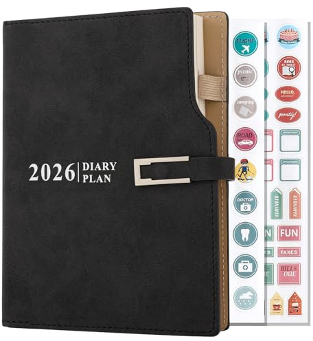 Akademischer Terminplaner 2026 Tag pro Seite, A5, Terminkalender 2026 Seite pro Tag, 12 Monate Agenda, Tagesplaner, Monatsplaner für Schule, Familie, Arbeit (Schwarz)