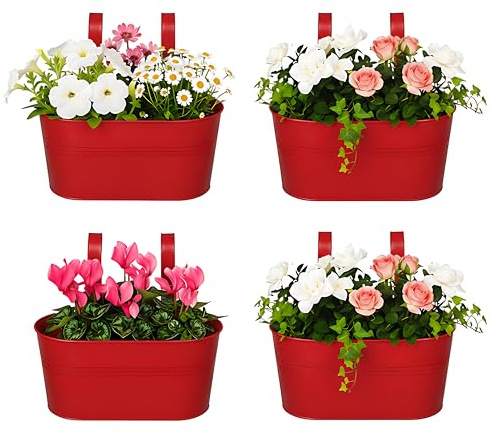 DIVCHI 4PCS Heavy Duty Metal Hanging Plant Pots 30cm Fence Railing Planters with Detachable Hooks Balcony & Garden Flowerpots with Drainage Hole Outdoor & Indoor Décor Planters (Red)