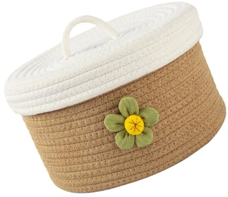LOPUNER Cestino Portaoggetti Piccolo Intrecciato in Filo di Cotone Coperchio Cestino Multiuso Delicato per Soggiorno Bagno e Camera da Letto Contenitore per Giochi e Riviste