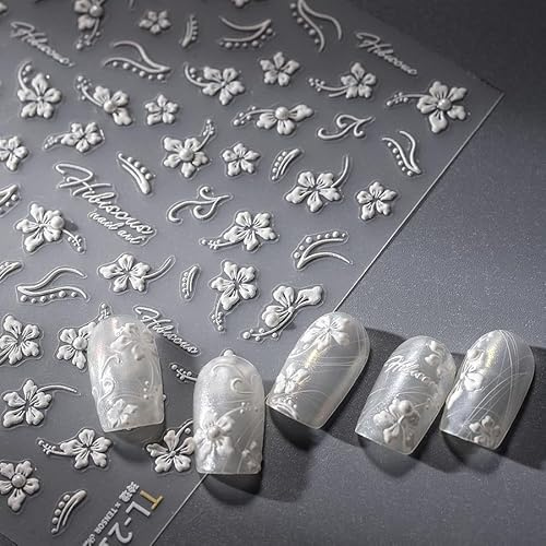 Weiße Blütenblume Nägel mit 5D Druckblüten Kleber Blumen Perlen Muster Aufkleber Frühling-Sommer französische Blumen Nägel Charme Damen DIY Dekorationen Ausgezeichnete Karte Papier 1 Stück Set
