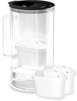 Wessper jarra agua cristal 2l con Contador LED, juego de 2 filtros - Negro | jarra filtradora de agua, filtro carbon activo, jarra con filtro de agua, sin BPA