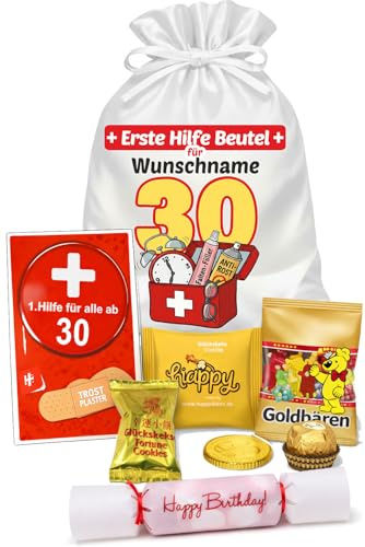 Erste Hilfe Beutel zum 30. Geburtstag mit Geschenkkarte, Trostpflaster & Wunschnamen – Personalisiertes Geldgeschenk Verpackung inkl. Satinbeutel, Glückskeksen & Konfetti-Bonbon