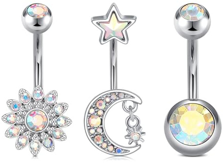 MODRSA 3PCS Belly Button Bars for Women, 14G 10mm Silver Stainless Steel Belly Button Piercing Jewellery, Bohemian Style Moon Star Curved Navel Ring with Colorful Diamonds