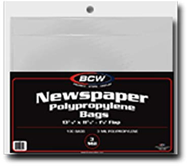 BCW Newspaper Bags – 100ct | Acid-Free Newspaper Protector Sleeves | 13 3/8 x 11 7/8 | 1½ Fold-Over Flap Closure | Clear Archival Newspaper Storage Bags