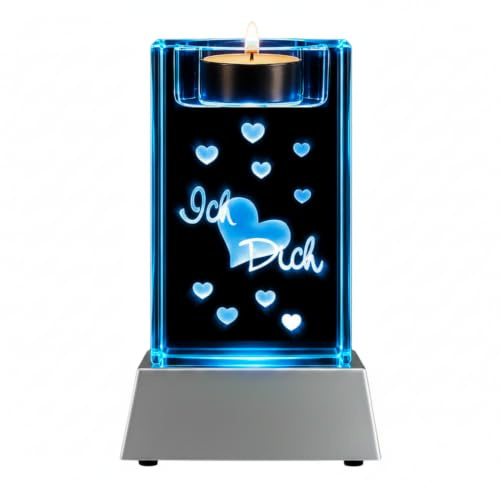 Kaltner Präsente Stimmungslicht Kristall Glasblock mit 3D Gravur/Ich Liebe Dich Geschenke für Frauen, Männer/Jahrestag Geschenk für Sie, Ihn/Gravur Herz/Teelichthalter