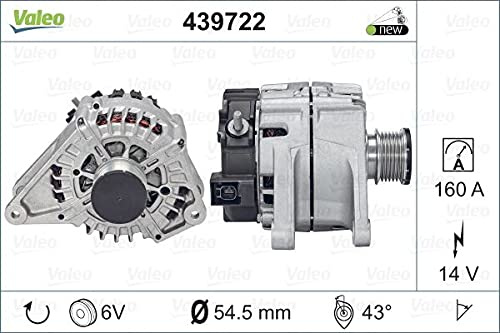VALEO-439722-Alternador-- Intensidad de carga del alternador: 160 Amp - Estrías: 6 estrías - Polea de correa: 54,5 mm - Tensión: 14 V - Sentido de rotación: CLOCKWISE