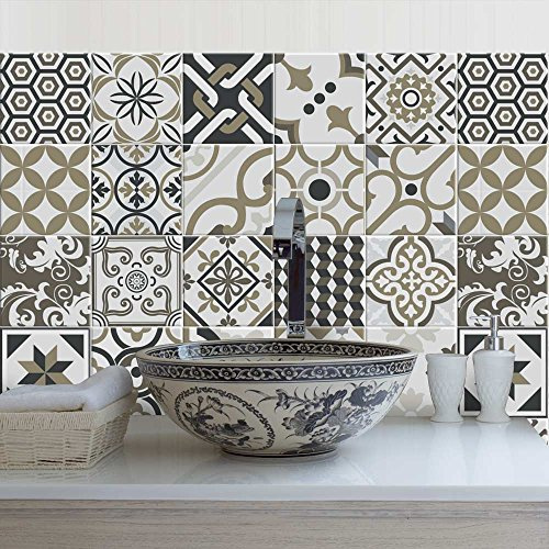 RE-COVERTILES - 15 Pcs Carrelage Autocollant 20x20 cm PS00081 Mosaïque de Azulejos Autocollant Mural Décorative à Carreaux de Ciment pour Salle de Bains et Cuisine Stickers Peel and Stick