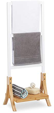 Relaxdays Free-Standing Bamboo Towel Holder, HWD: 104 x 41 x 28.5 cm, 3 Rails and 1 Shelf, Clothes Stand, Natural/White