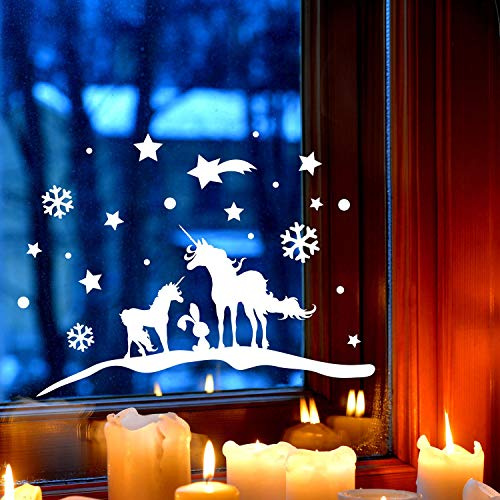 Fensterbild Einhörner Winter -WIEDERVERWENDBAR- Fensterdeko Einhorn Fensterbilder Winterlandschaft 40x20cm + Sterne & Schneeflocken M2259 ilka parey wandtattoo-welt®