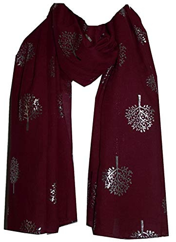 World of Shawls Silver Foil Mulberry Tree Print Fashion Scarf (Maroon)