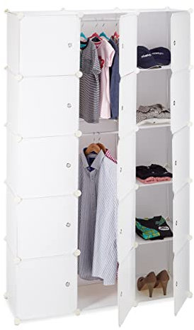 Relaxdays Étagère cubes rangement penderie armoire 11 casiers 2 tringles plastique modulable DIY, Blanc, 37 x 110 x 181 cm