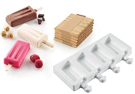 silikomart | GEL10M Stampo in Silicone per Gelati MINI VINTAGE, Antiaderente, 4 cavità, Confezione da 1 Stampo per Dolci + 50 Stecchi in Legno, Easy Ice Cream, 93 x 48 mm, h 18 mm, Made in Italy