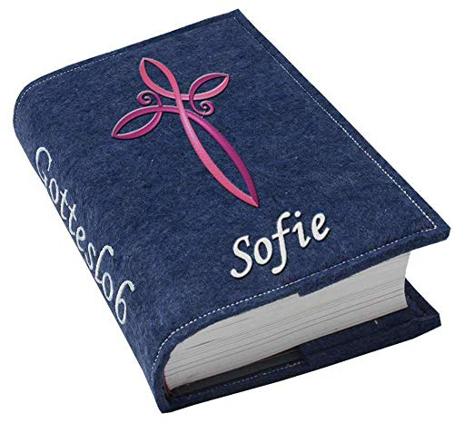 Gotteslob Gotteslobhülle Hülle Kreuz pink lila Filz Namen bestickt Einband Umschlag personalisierte Gesangbuchhülle, Farbe:dunkelblau meliert