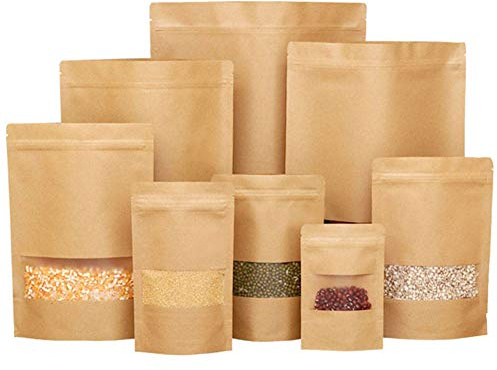 50 pcs Kraft Bags with Window Stand Up Ziplock Seal Paper Bag Resealable Large Food Storage Pouch 1oz 3.5×5.5in