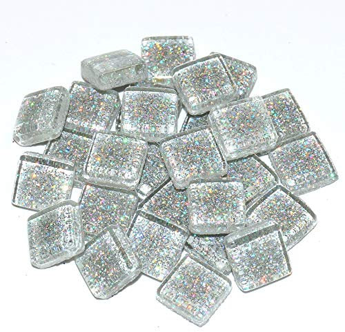 Unbekannt Soft-Glas Mosaiksteine Glitter 10 x 10 mm Inhalt 200 g, Farbe Silber-Glitter