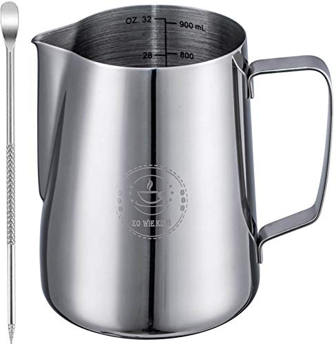 Milk Frothing Pitcher 32oz,Espresso Steaming Pitchers 900ml,Espresso Machine Accessories,Milk Frother Cup 32 Oz,Coffee Cappuccino Latte Art,Stainless Steel Jug