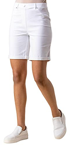 Roman Stretch Shorts for Women UK Ladies Pull On Turned Hem Cut Off Bengaline Mom Boyfriend Boy Denim Casual Cropped Pants Capri Slim Fit Turn Up Summer Crops Mother - White - Size 18
