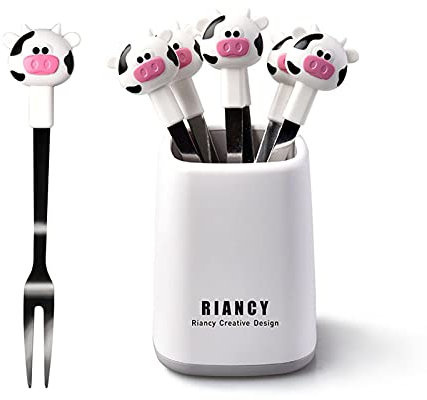 Lot de 6 fourchettes à dessert en acier inoxydable à deux dents avec poignée en forme de mollet et base de rangement (Blanc)