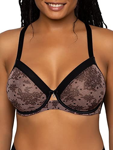 Curvy Couture Women's Sheer Unlined Underwire Plunge Full Coverage Bra, Chantilly, 44F
