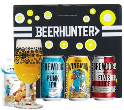 Brewdog Craft Beer Gift Set with Glass & Snack (3 x 330ml Cans) - Punk IPA, Dead Pony, Elvis Juice - Premium Selection, Gifts For Him, For Her, Christmas, Birthday's, Father's Day