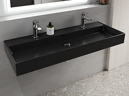 Aqua Bagno | Schwarz mattes Doppelwaschbecken, Loft Air Design, Eckiger Keramik Waschtisch, mit Ablauf | 121 x 46 cm