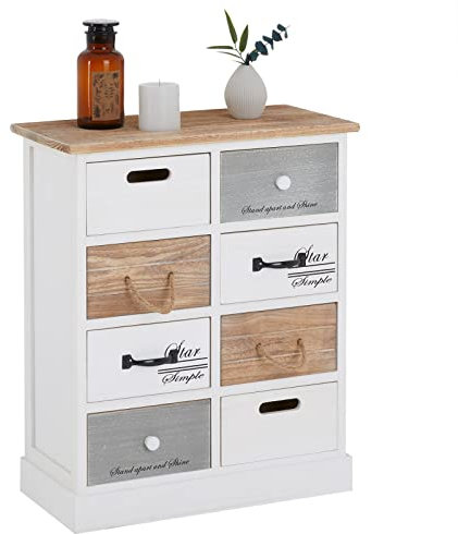 CARO-Möbel Kommode Salva im Vintage Look mit 8 unterschiedlichen Schubladen, Shabby chic Schubladenschrank, weiß lasiertes Standregal